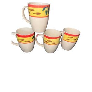 Set Of 4 Country View Rooster Ceramic Mugs 4.25" Tall